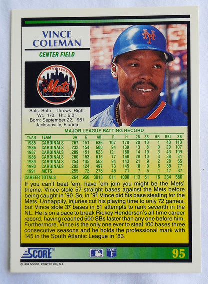 Score '92 Vince Coleman Centerfield New York Mets #95 Baseball Card Near Mint