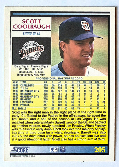 Coolbaugh Scott San Diego Padres Third Base #205 1992 Score Baseball Card
