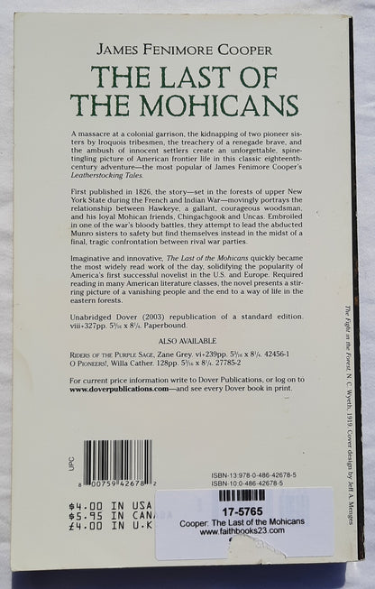 The Last of the Mohicans by James Fenimore Cooper (Very good, 2003, Pbk, 327 pages, Dover Thrift Edition)