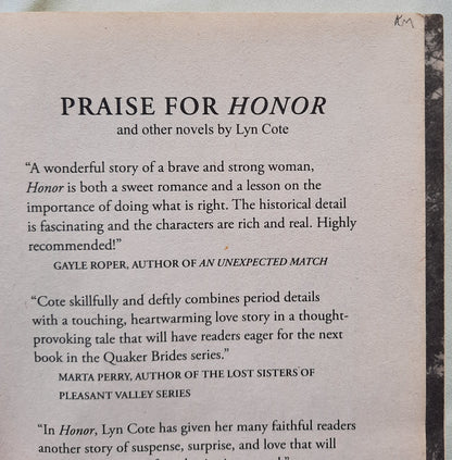 Honor by Lyn Cote (Quaker Brides #1, Very Good, 2014, Pbk, 375 pages, Tyndale)