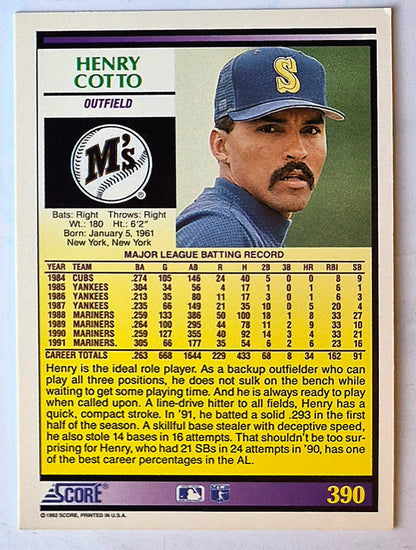 Cotto Henry Seattle Mariners Outfield #390 1992 Score Baseball Card