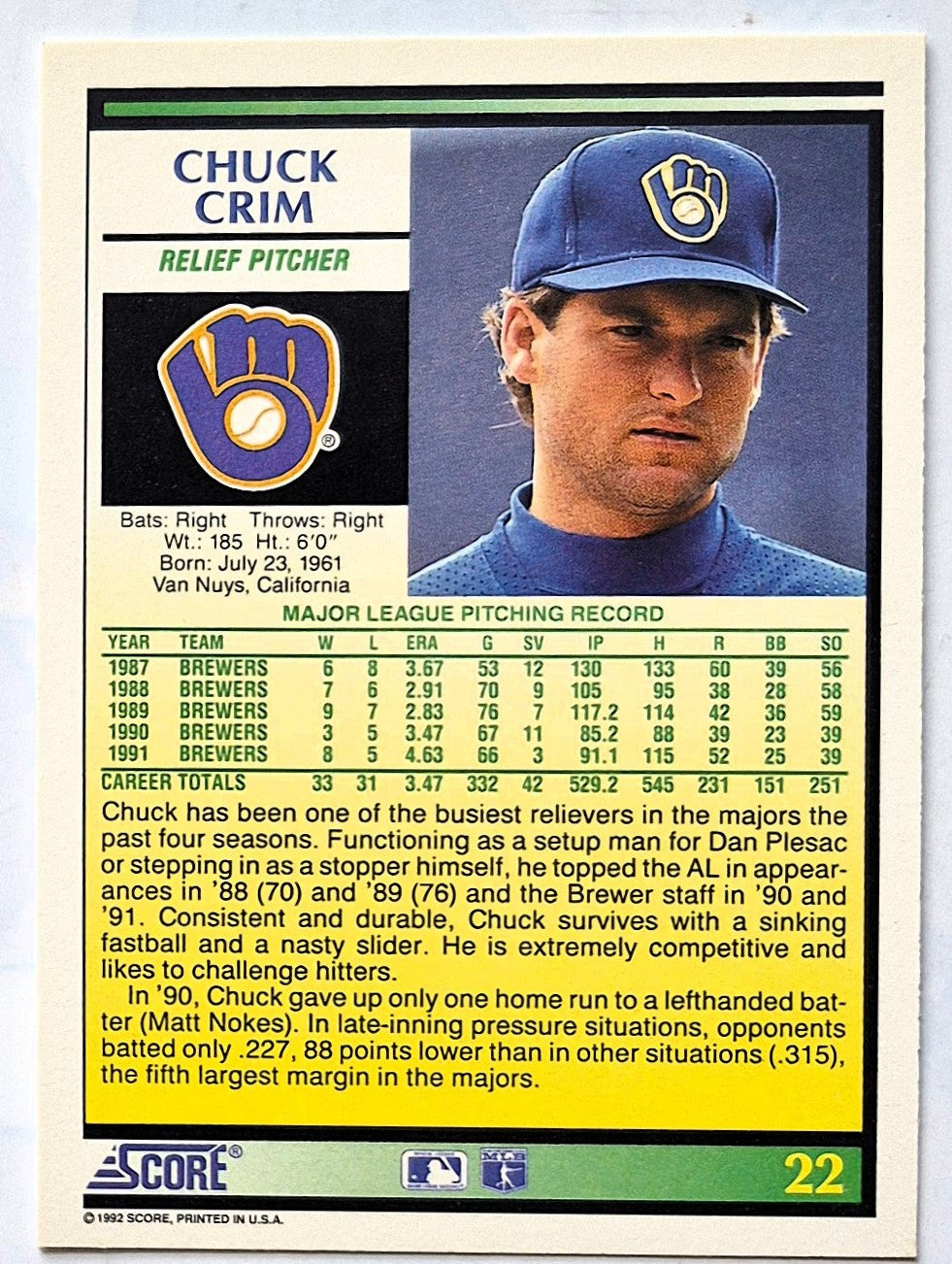Crim Chuck Milwaukee Brewers Relief Pitcher #22 Score 1992 Baseball Card