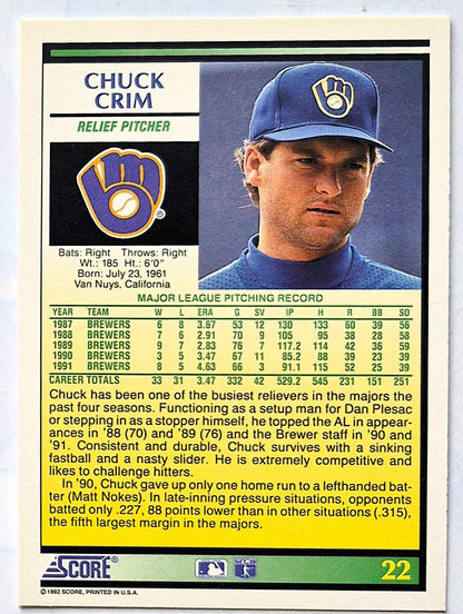 Crim Chuck Milwaukee Brewers Relief Pitcher #22 Score 1992 Baseball Card