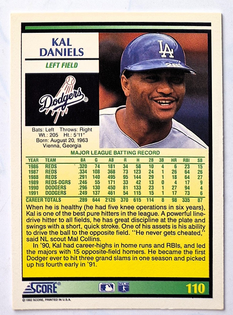 Daniels Kal Dodgers Left Field #110 Score 1992 Baseball Card