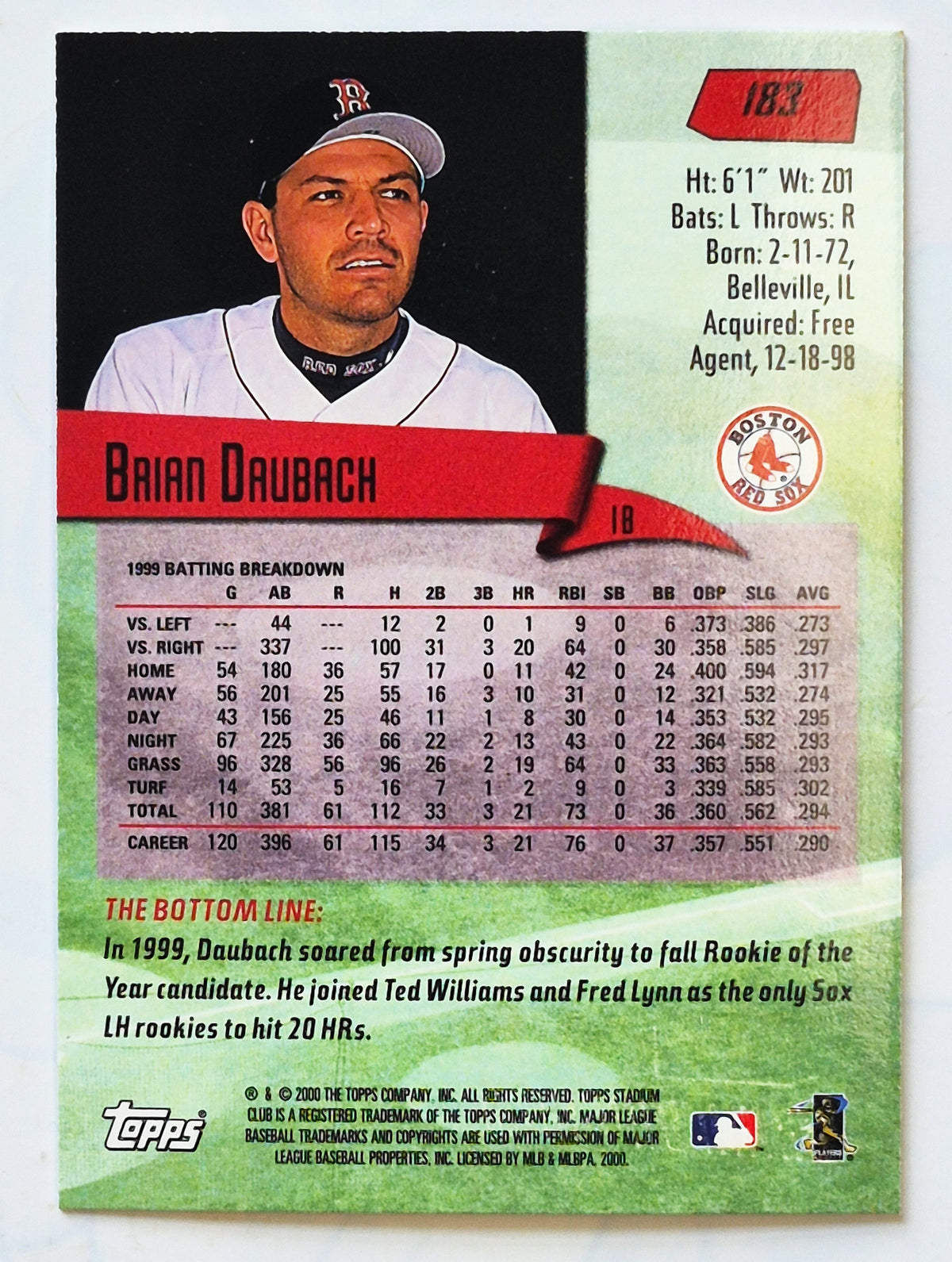 2000 Stadium Club Brian Daubach Boston Red Sox #183 Baseballkarte TOPPS Neuwertiger Zustand