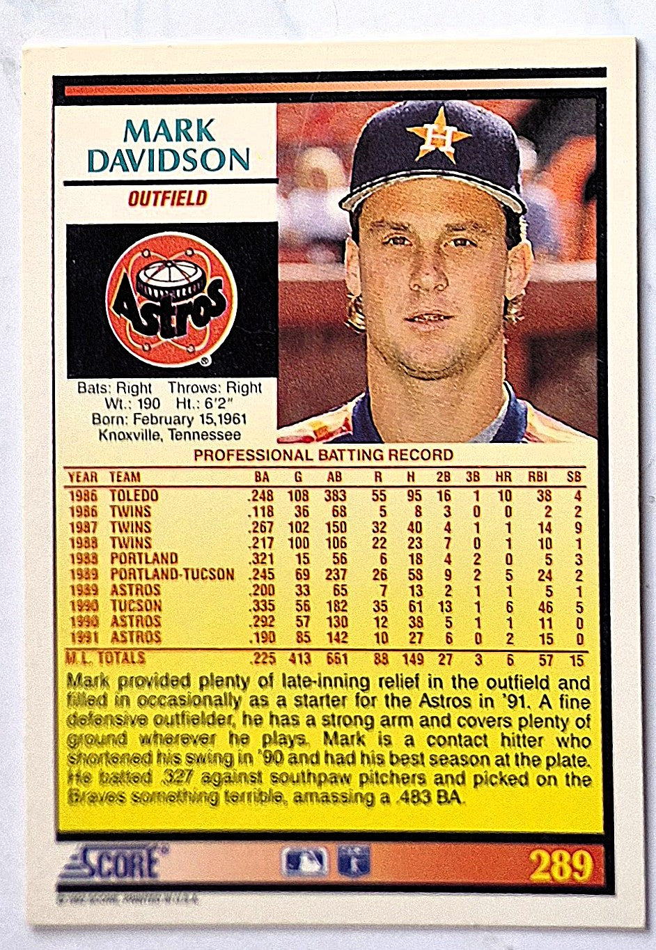 Davidson Mark Houston Astros Outfield #289 Score 1992 Baseball Card