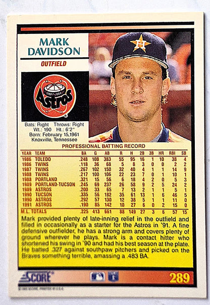 Davidson Mark Houston Astros Outfield #289 Score 1992 Baseball Card