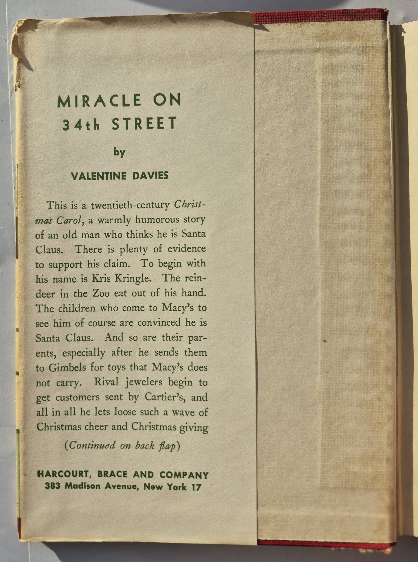 Das Wunder von Manhattan von Valentine Davies (Gut, 1947, gebunden, 120 Seiten, Harcourt, Brace and Company)