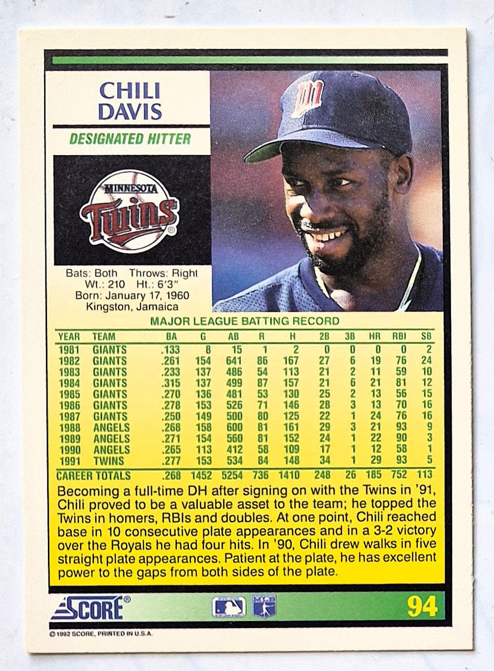 Davis Chili Minnesota Twins Designated Hitter #94 Score 1992 Baseball Card