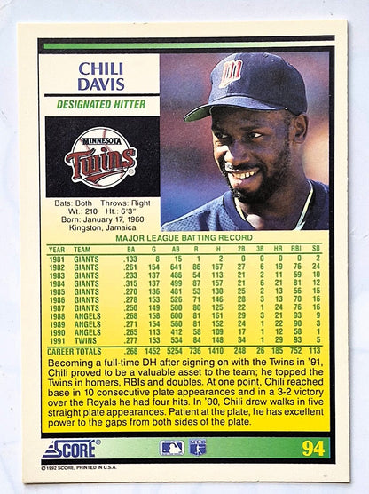 Davis Chili Minnesota Twins Designated Hitter #94 Score 1992 Baseball Card