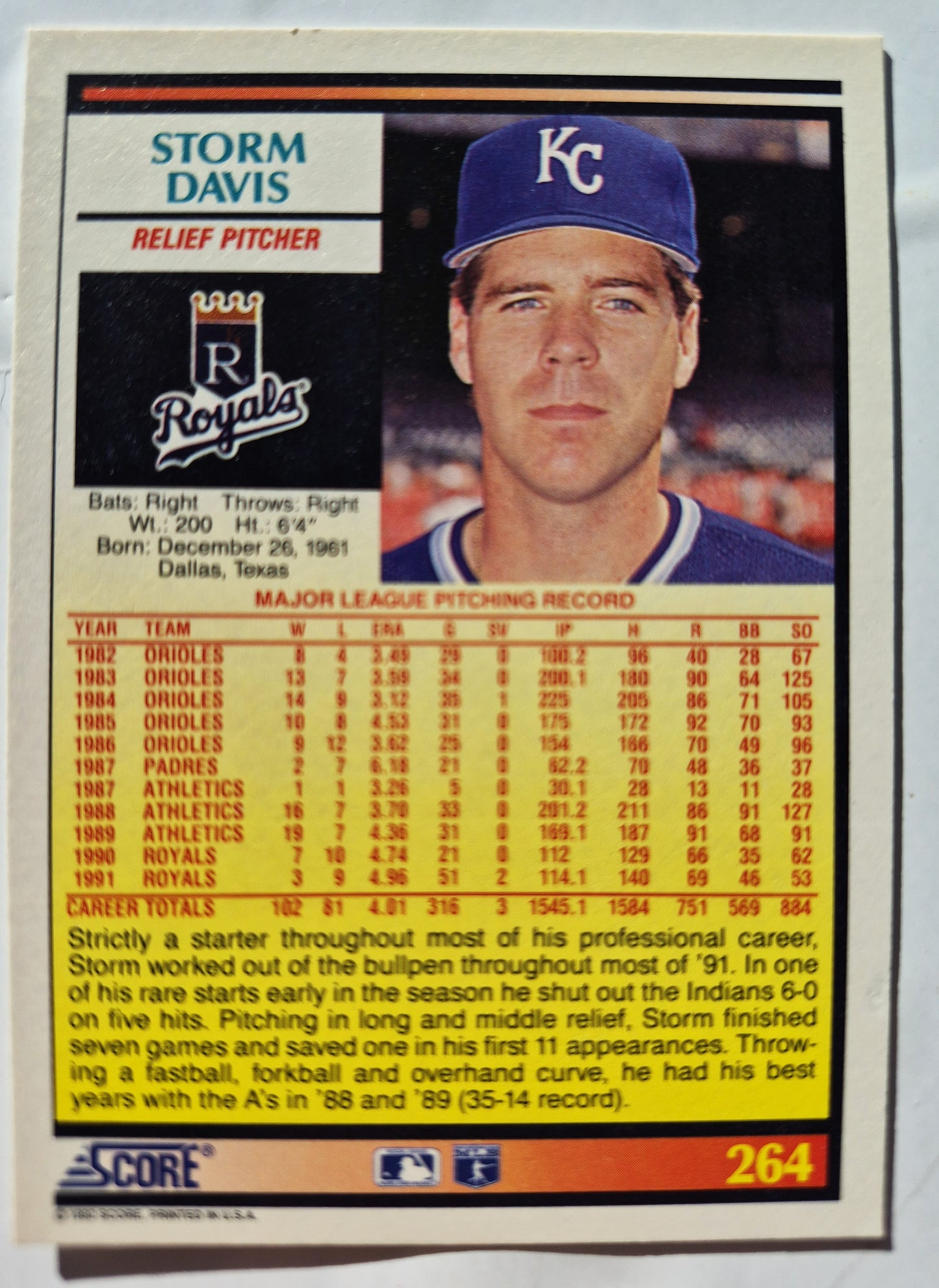 Bewertung '92 Storm Davis Kansas City Royals Relief Pitcher Baseballkarte #264 Fast Neuwertig