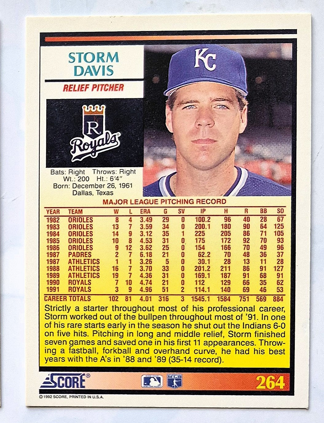 Davis Storm Kansas City Royals Relief Pitcher #264 Score 1992 Baseball Card