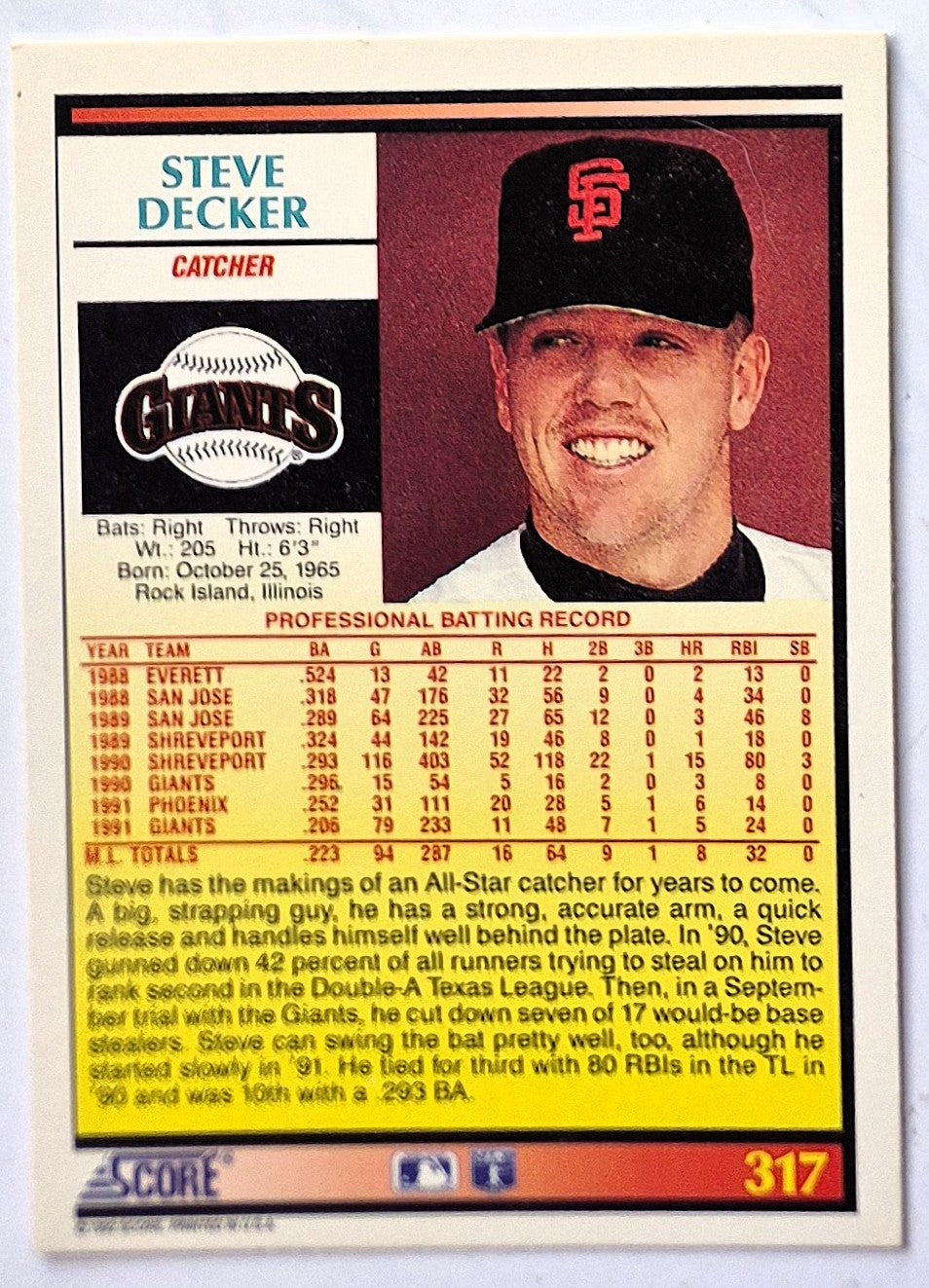 Decker Steve San Francisco Giants Catcher #317 Score 1992 Baseball Card