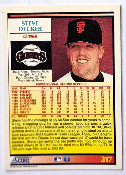 Decker Steve San Francisco Giants Catcher #317 Score 1992 Baseball Card
