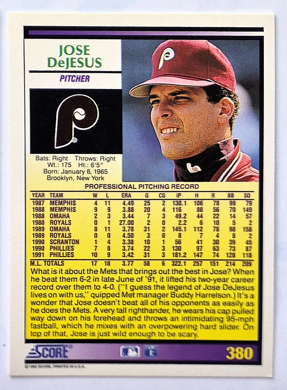 DeJesus Jose Philadelphia Phillies Pitcher #380 Score 1992 Baseball Card