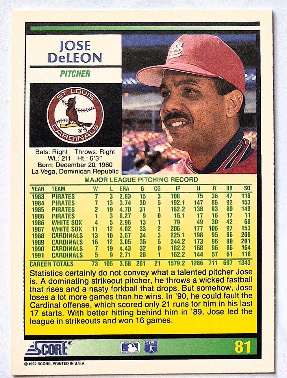 DeLeon Jose St. Louis Cardinals Pitcher #81 Score 1992 Baseball Card