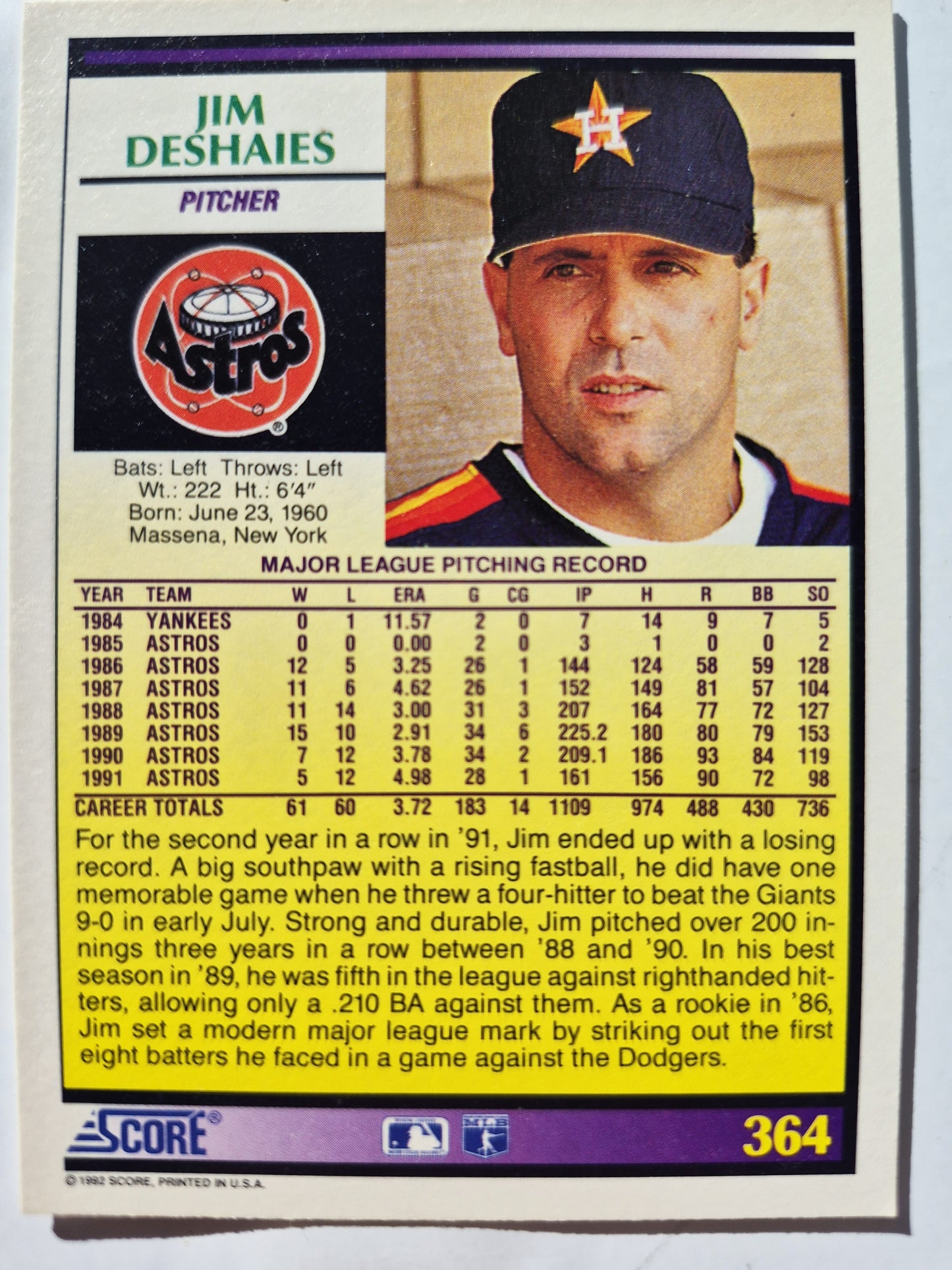 Bewertung '92 Jim DeShaies Houston Astros Pitcher Baseballkarte #364 Fast Neuwertig