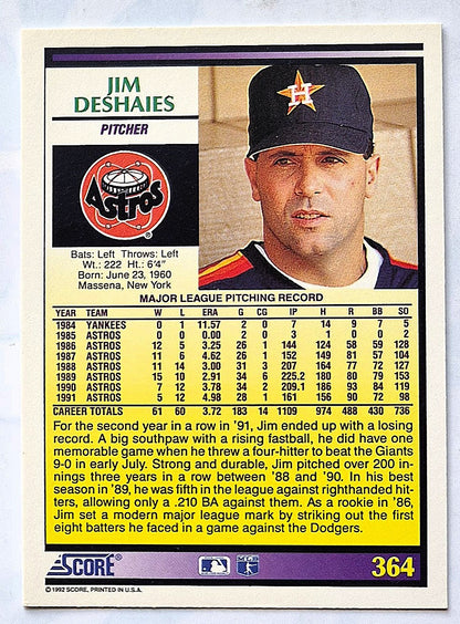 DeShaies Jim Houston Astros Pitcher #364 Score 1992 Baseball Card