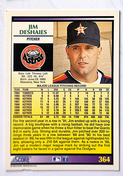 DeShaies Jim Houston Astros Pitcher #364 Score 1992 Baseball Card