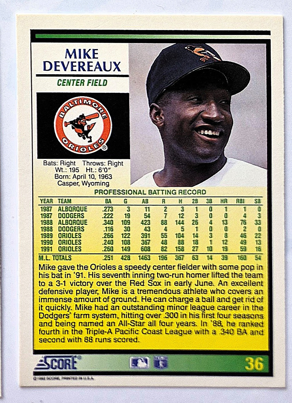 Devereaux Mike Baltimore Orioles Center Field #36 Score 1992 Baseball Card