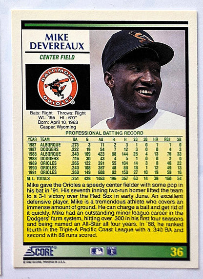 Devereaux Mike Baltimore Orioles Center Field #36 Score 1992 Baseball Card