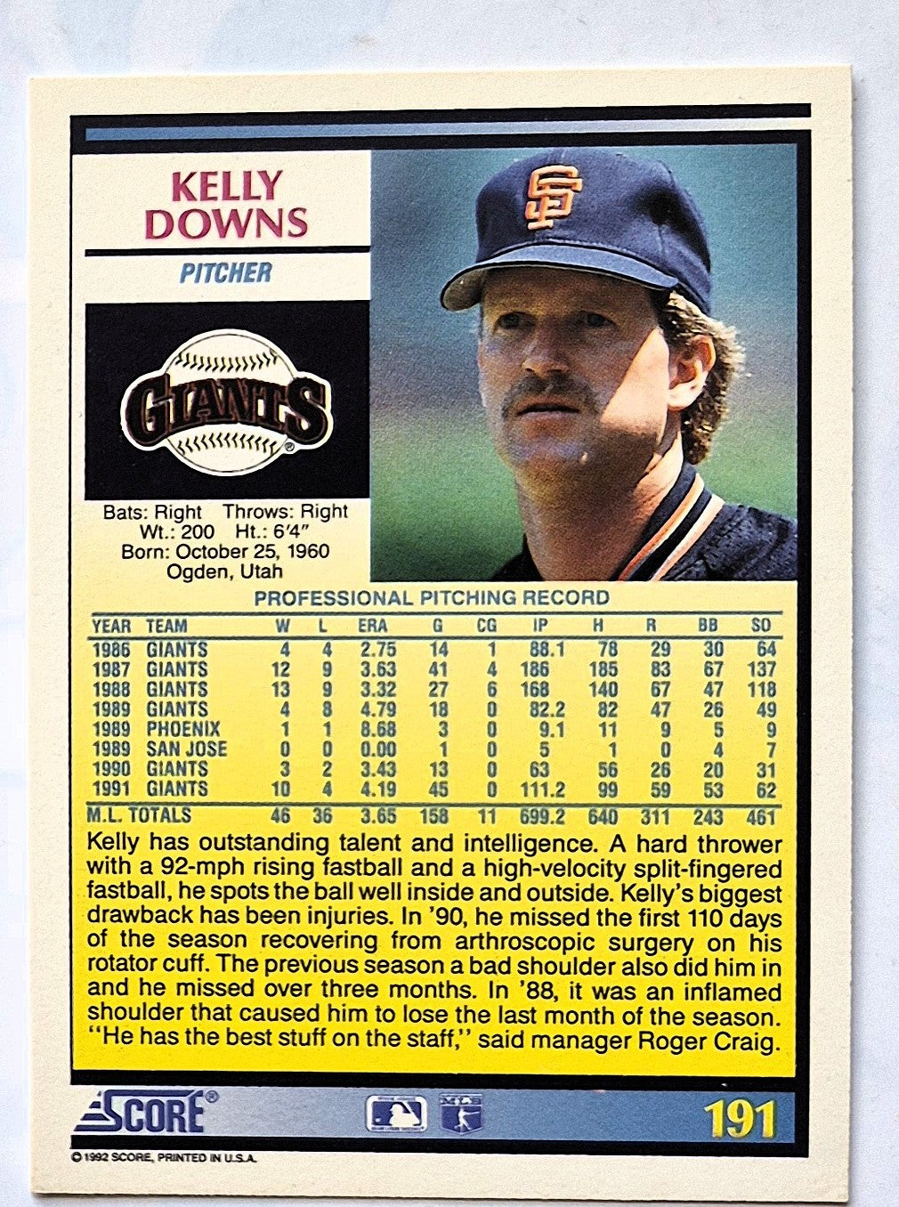 Scott Bailes California Angels Relief Pitcher 1992 Score #331 Baseballkarte (Exzellent)