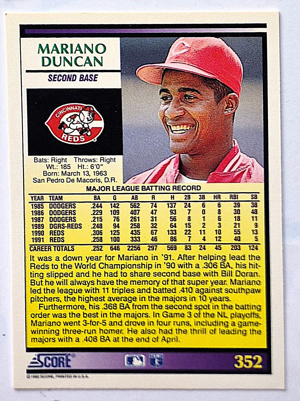 Duncan Mariano Cincinnati Reds Second Base #352 Score 1992 Baseball Card