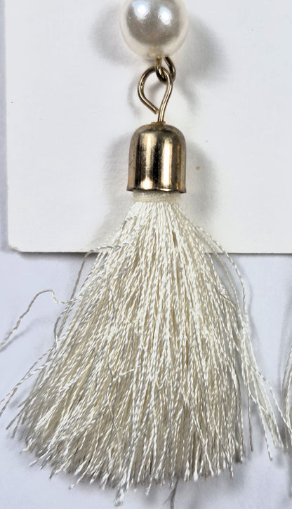 Earrings by Vibe Style white fringe with faux pearls in gold tone base (Brand New)