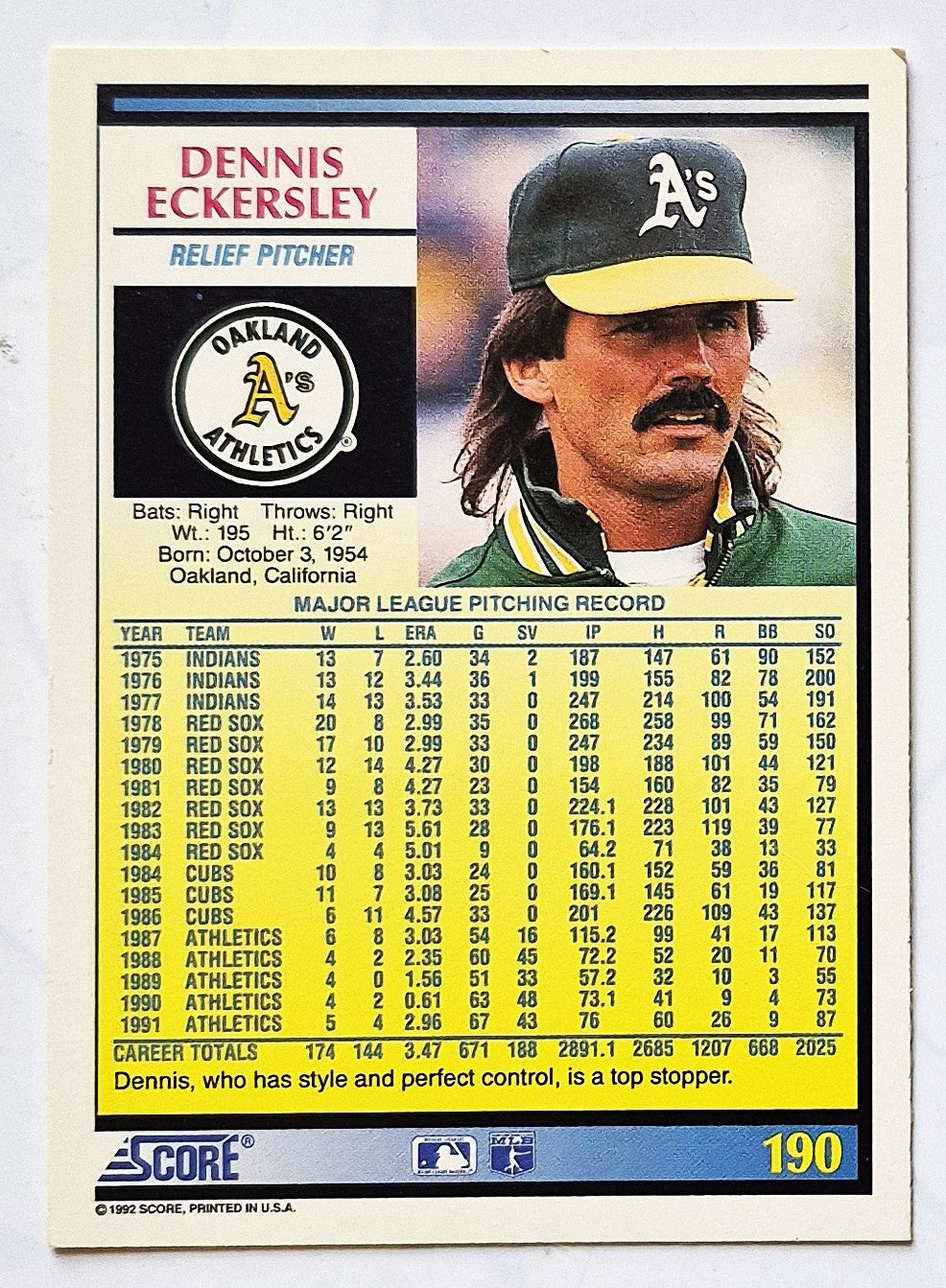 Eckersley Dennis Oakland Athletics Relief Pitcher #190 Score 1992 Baseball Card