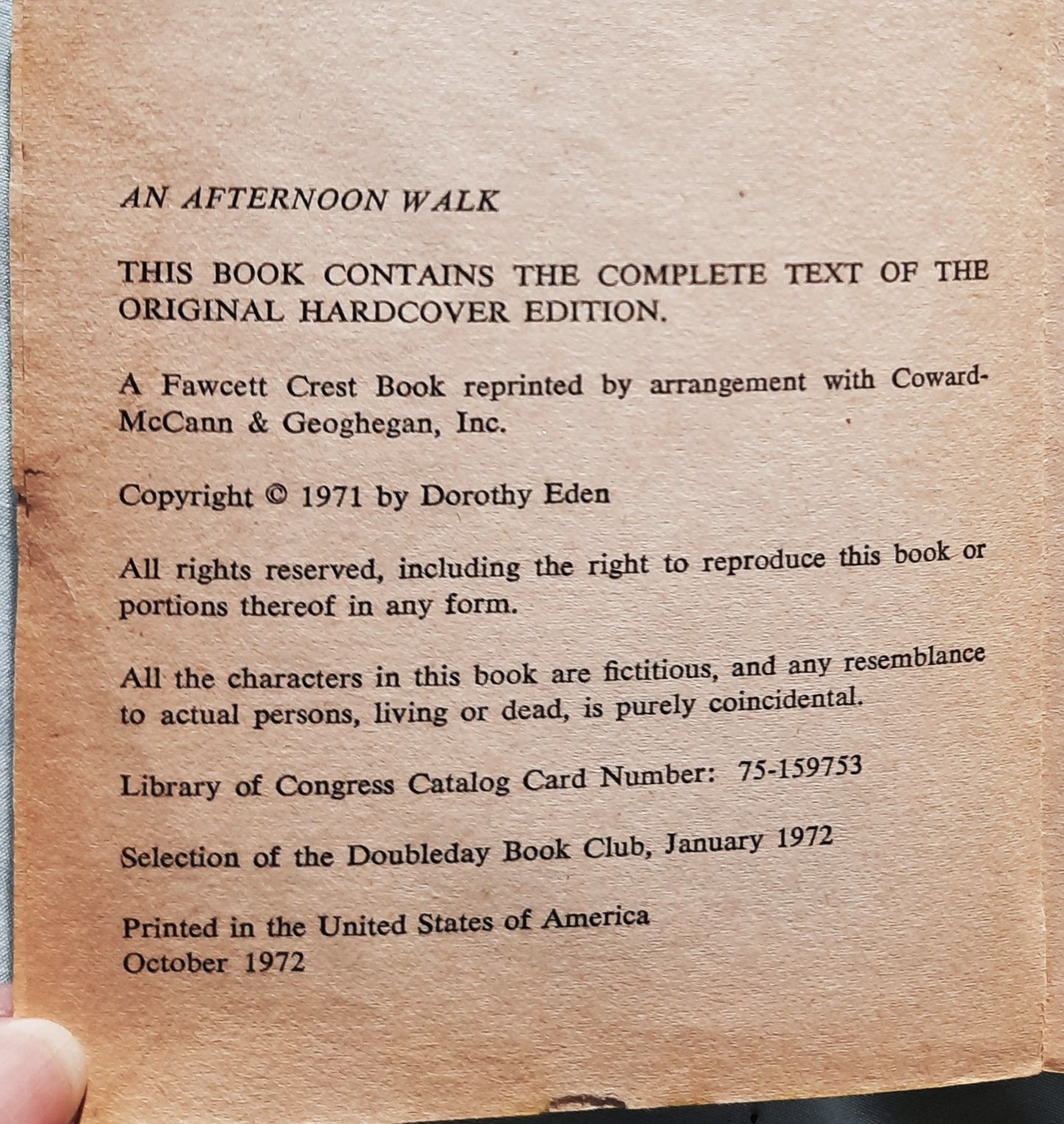 An Afternoon Walk von Dorothy Eden (Gut, 1972, Taschenbuch, 224 Seiten, Fawcett Crest)