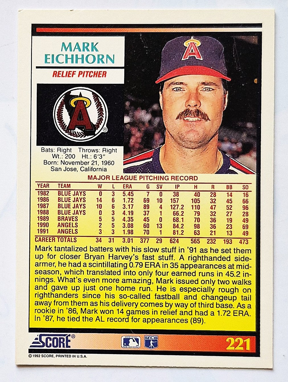 Eichhorn Mark California Angels Relief Pitcher #221 Score 1992 Baseball Card