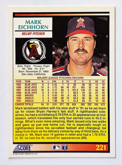 Eichhorn Mark California Angels Relief Pitcher #221 Score 1992 Baseball Card