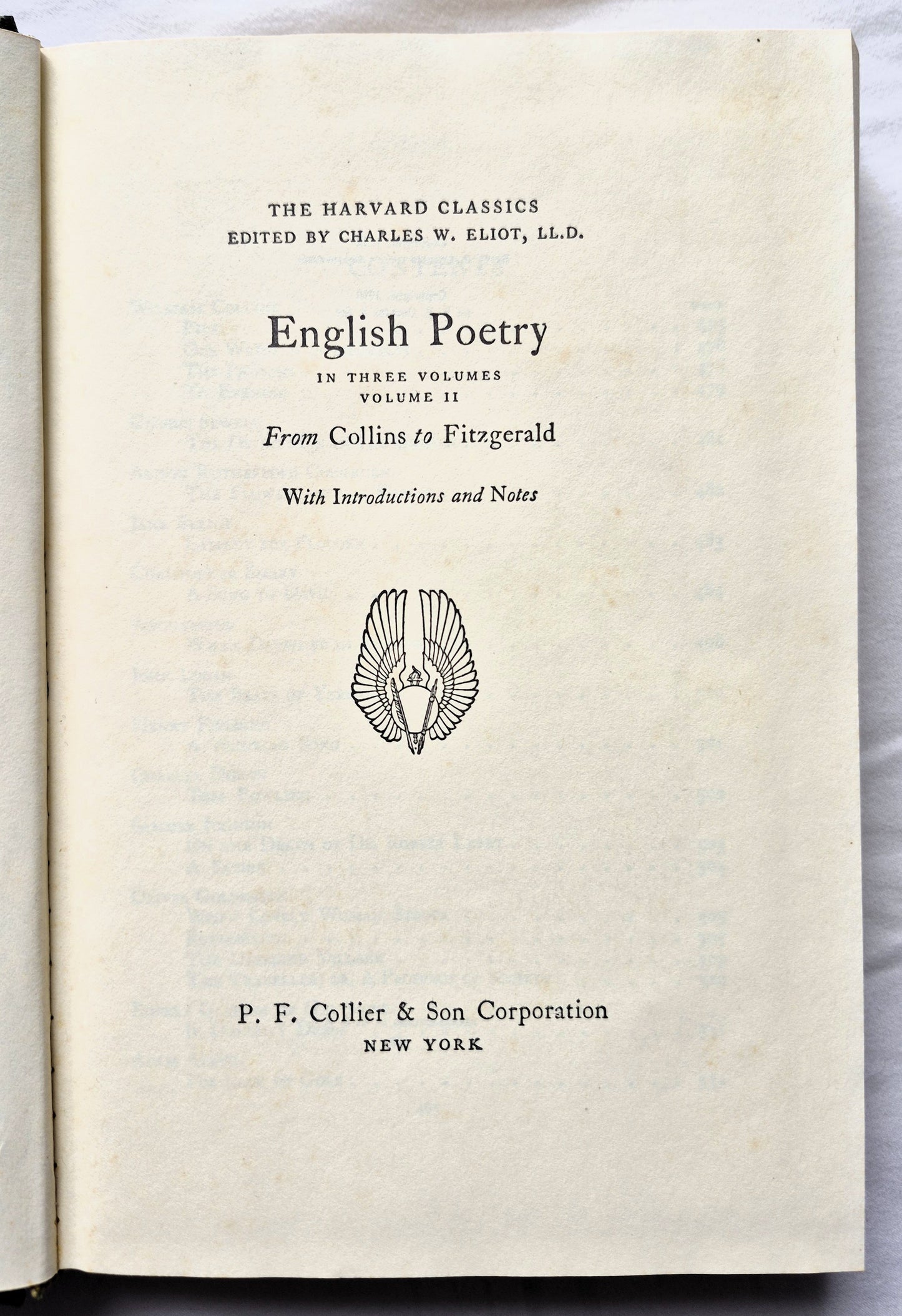 The Harvard Classics: English Poetry Vol. II from Collins to Fitzgerald editor Charles W. Eliot (Gut, 1938, HC, 493 S., PF Collier & Son)