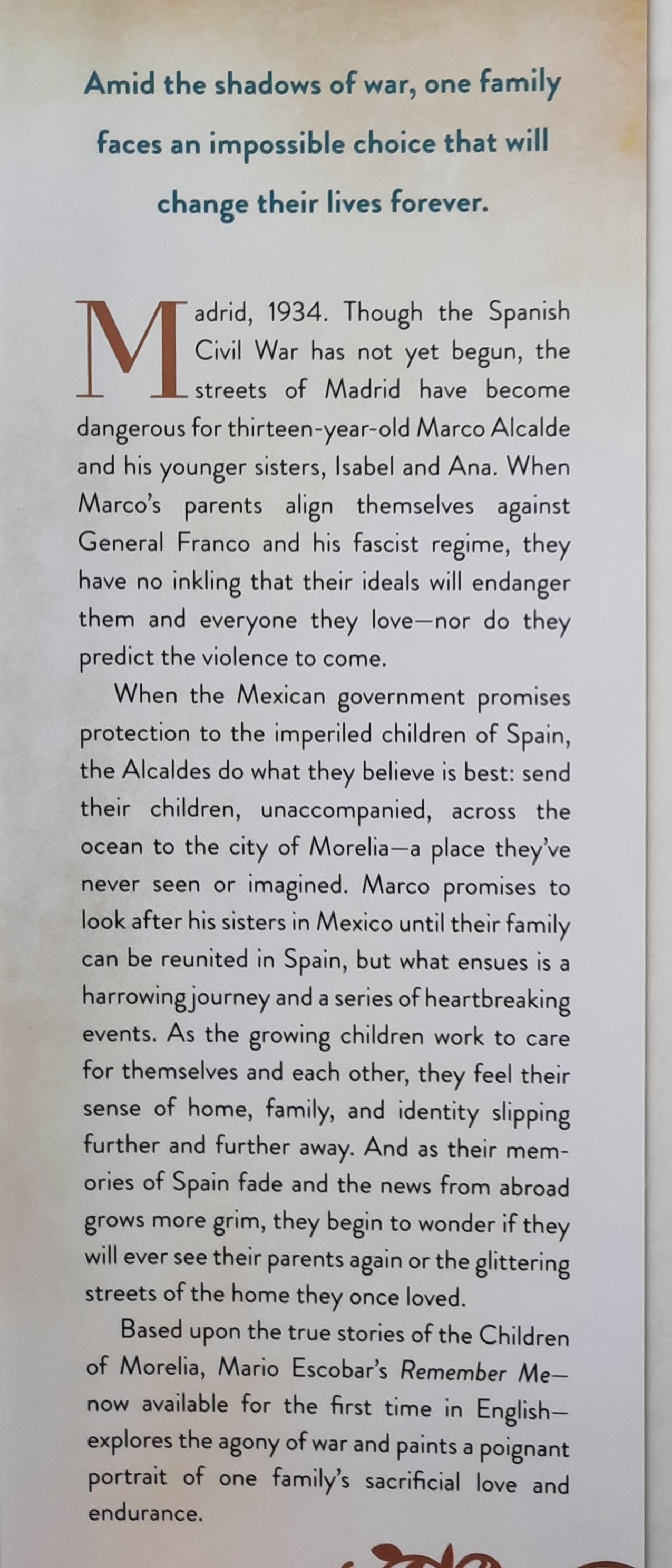 Remember Me: A Spanish Civil War novel by Mario Escobar (New, 2020, HC, 384 pages, Thomas Nelson)