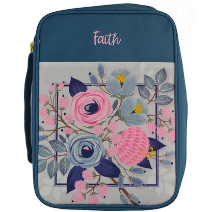 Bible Cover: Faith Blue Floral by White Dove Designs (New, Large 9.75" x 6.5" x 1.75")