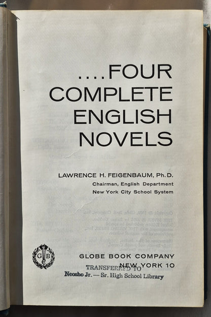 Four Complete English Novels herausgegeben von Lawrence H. Feigenbaum: Persuasion von Jane Austen; Wuthering Heights von Emily Brontë; Typhoon von Joseph Conrad; The River von Rumer Godden (Sehr gut, 1960, HC, 698 Seiten, Globe Book Co.)