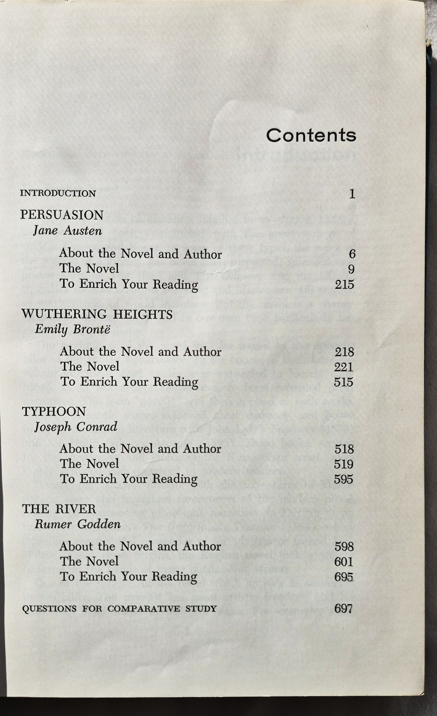 Four Complete English Novels herausgegeben von Lawrence H. Feigenbaum: Persuasion von Jane Austen; Wuthering Heights von Emily Brontë; Typhoon von Joseph Conrad; The River von Rumer Godden (Sehr gut, 1960, HC, 698 Seiten, Globe Book Co.)