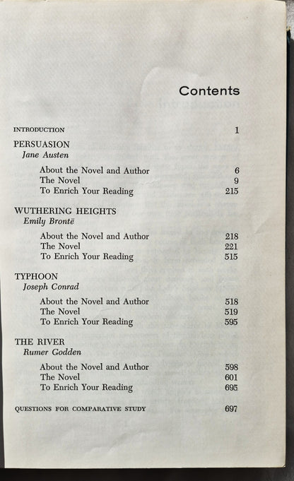 Four Complete English Novels herausgegeben von Lawrence H. Feigenbaum: Persuasion von Jane Austen; Wuthering Heights von Emily Brontë; Typhoon von Joseph Conrad; The River von Rumer Godden (Sehr gut, 1960, HC, 698 Seiten, Globe Book Co.)