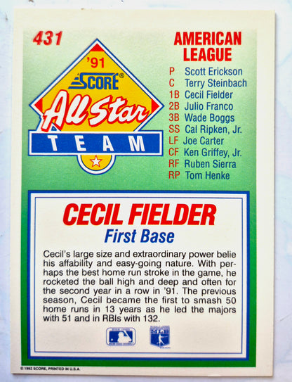 Carta de béisbol All Star Cecil Fielder Primera Base #431 Score '92