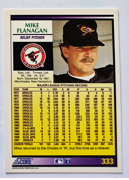 Flanagan Mike Baltimore Orioles Relief Pitcher #333 Score 1992 Baseball Card