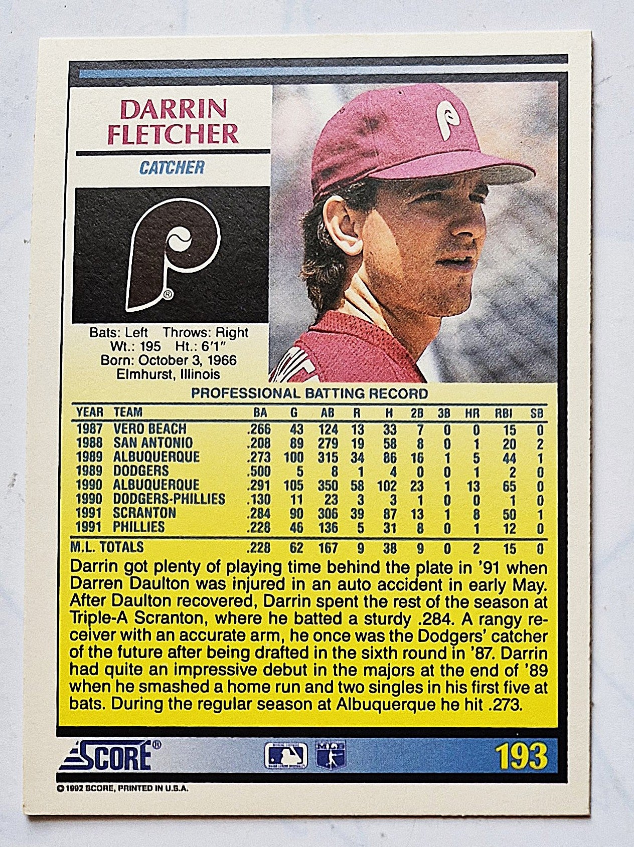 Fletcher Darrin Philadelphia Phillies Catcher #193 Score 1992 Baseball Card
