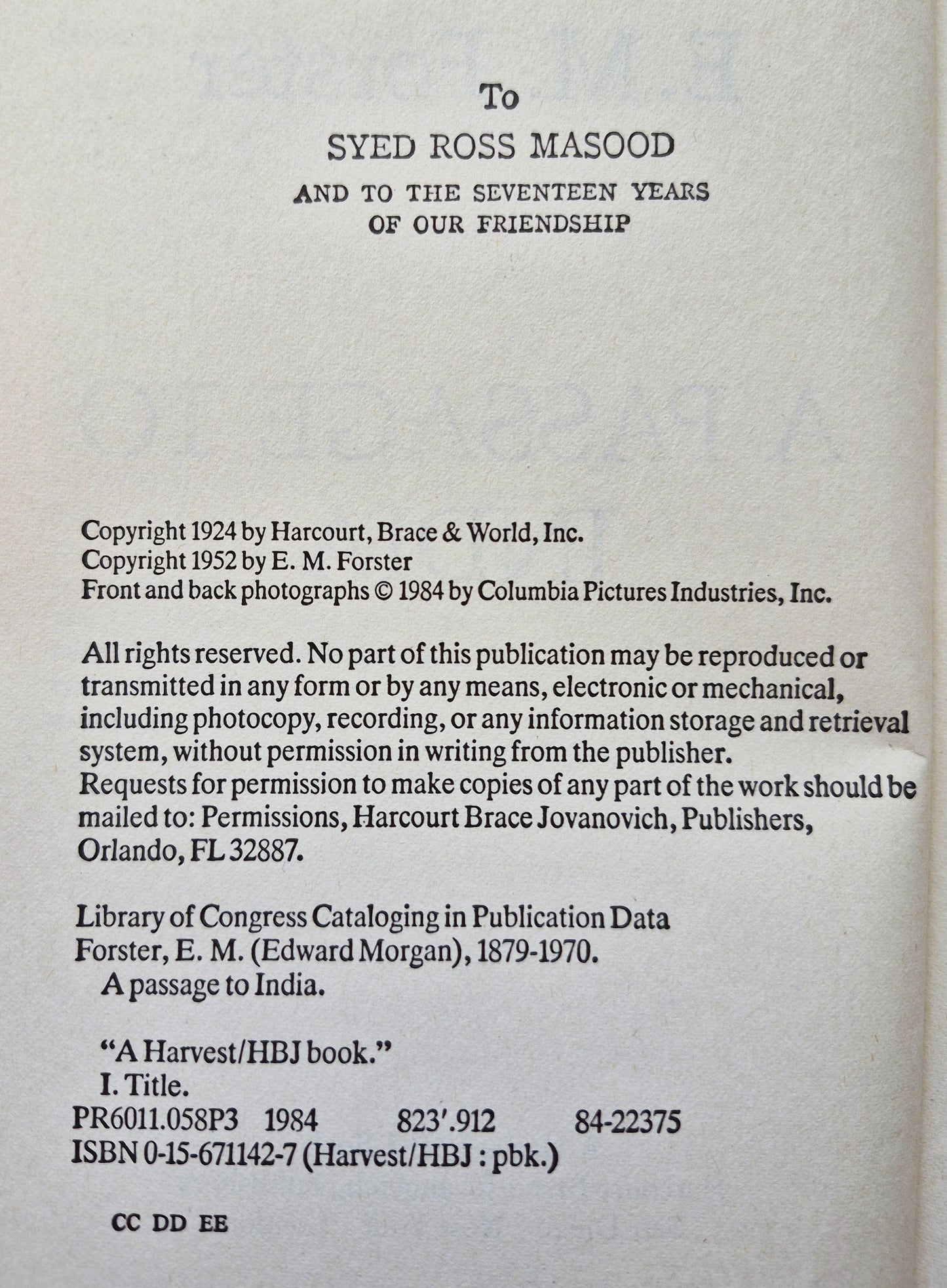 A Passage to India von E.M. Forster (Sehr gut, 1984, TB, 316 Seiten, Harvest/HBJ Book)