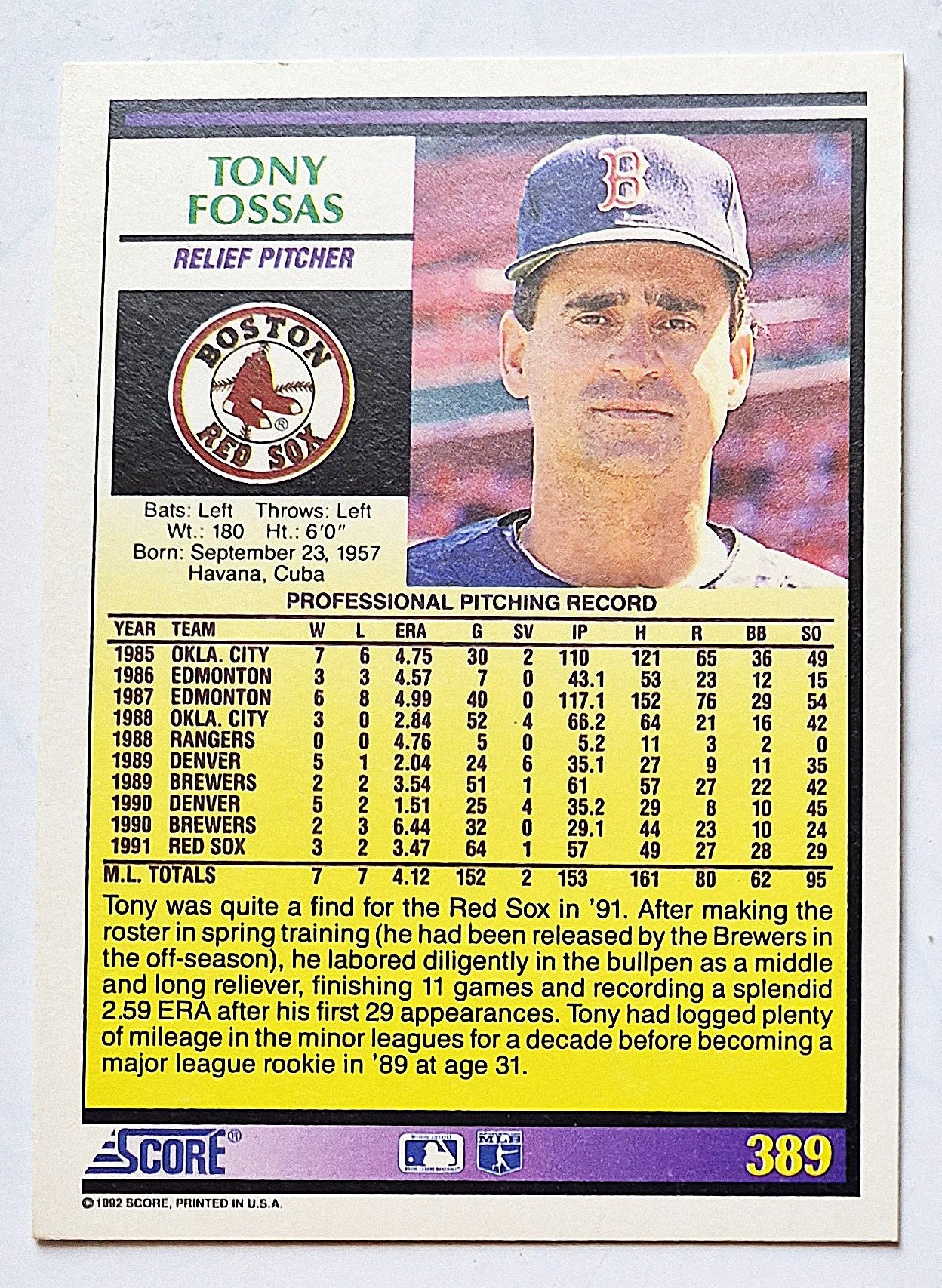 Fossas Tony Boston Red Sox Relief Pitcher #389 Score 1992 Baseball Card