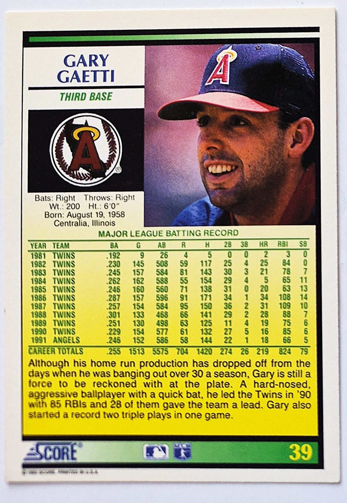 Gaetti Gary California Angels Third Base #39 Score 1992 Baseball Card