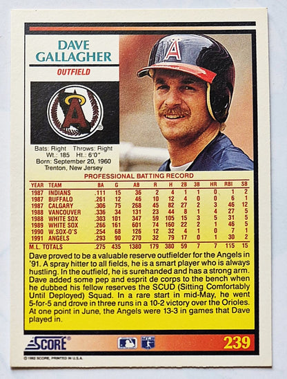 Gallagher Dave California Angels Outfield #239 Score 1992 Baseball Card