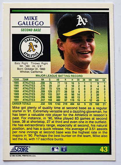 Gallego Mike Oakland Athletics Second Base #43 Score 1992 Baseball Card