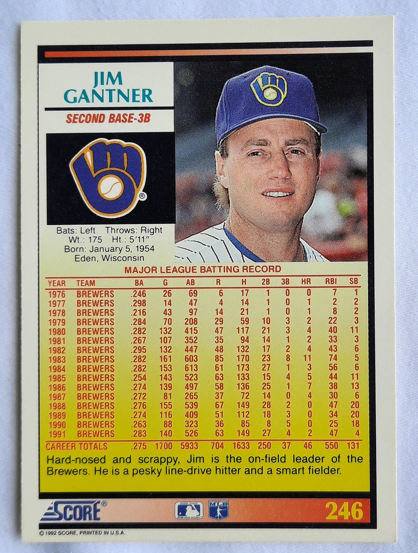Score '92 Jim Gantner Milwaukee Brewers Second Base - 3B #246 Baseball Card Near Mint
