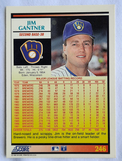 Score '92 Jim Gantner Milwaukee Brewers Second Base - 3B #246 Baseball Card Near Mint