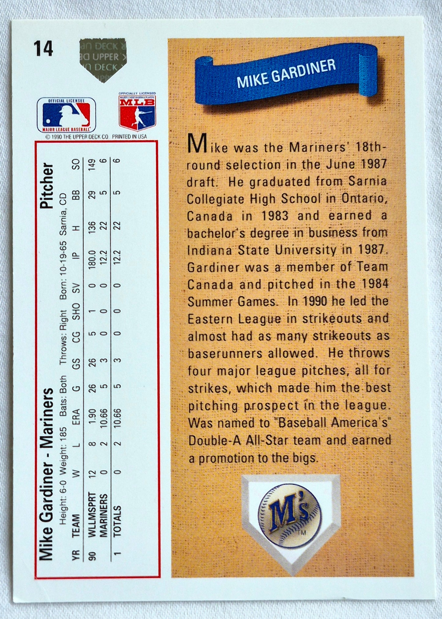 Gardiner Mike Seattle Mariners Pitcher #14 Star Rookie Upper Deck 1991 Baseball Card