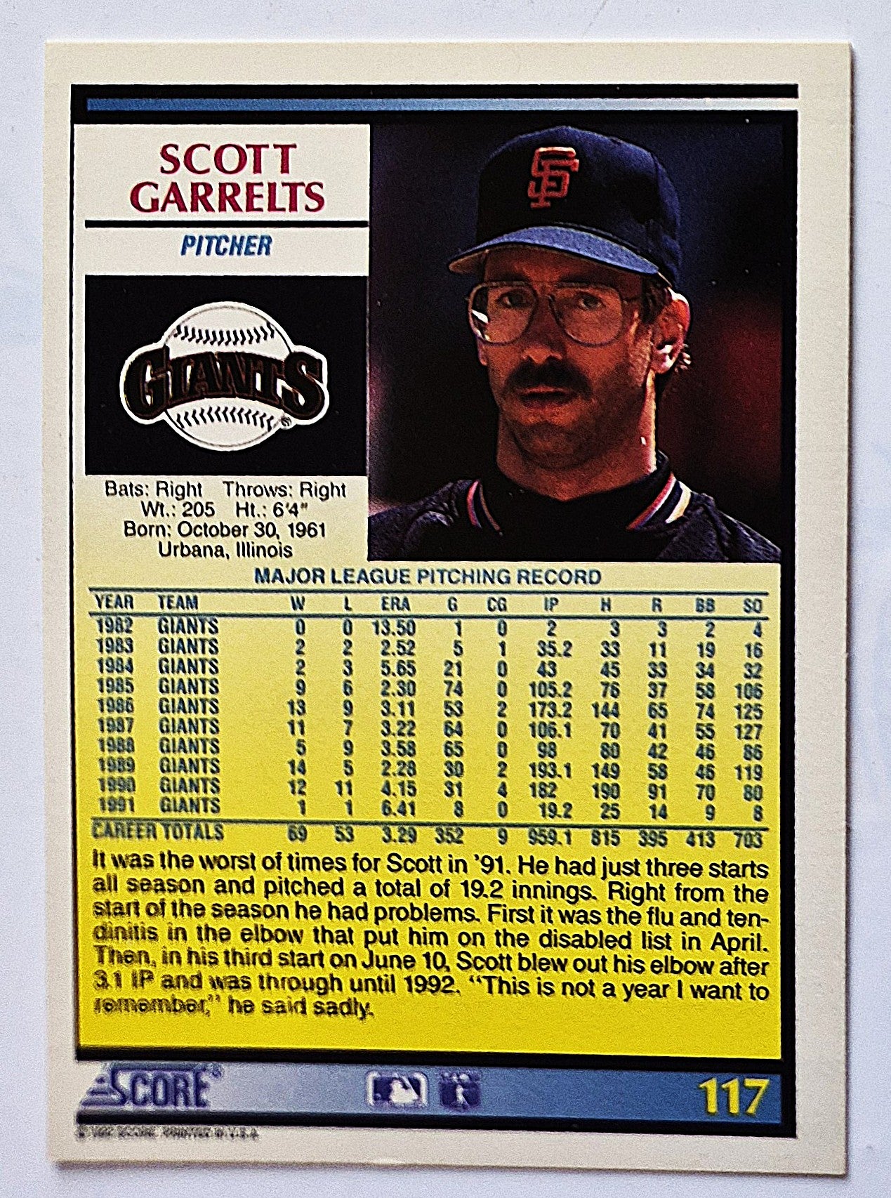 Garrelts Scott San Francisco Giants Pitcher #117 Score 1992 Baseball Card